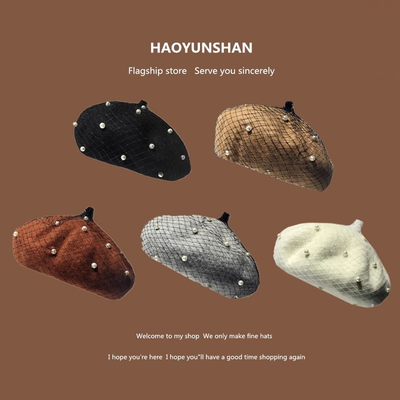 Korean style elegant woolen Pearl mesh beret women's autumn and winter British retro painter hat pumpkin beret