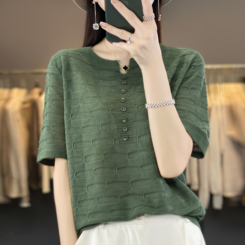 Cotton Linen Knitted Short-sleeved T-shirt Women's 2024 Summer New Thin Loose Casual High-end Linen Top Beautiful Small Shirt