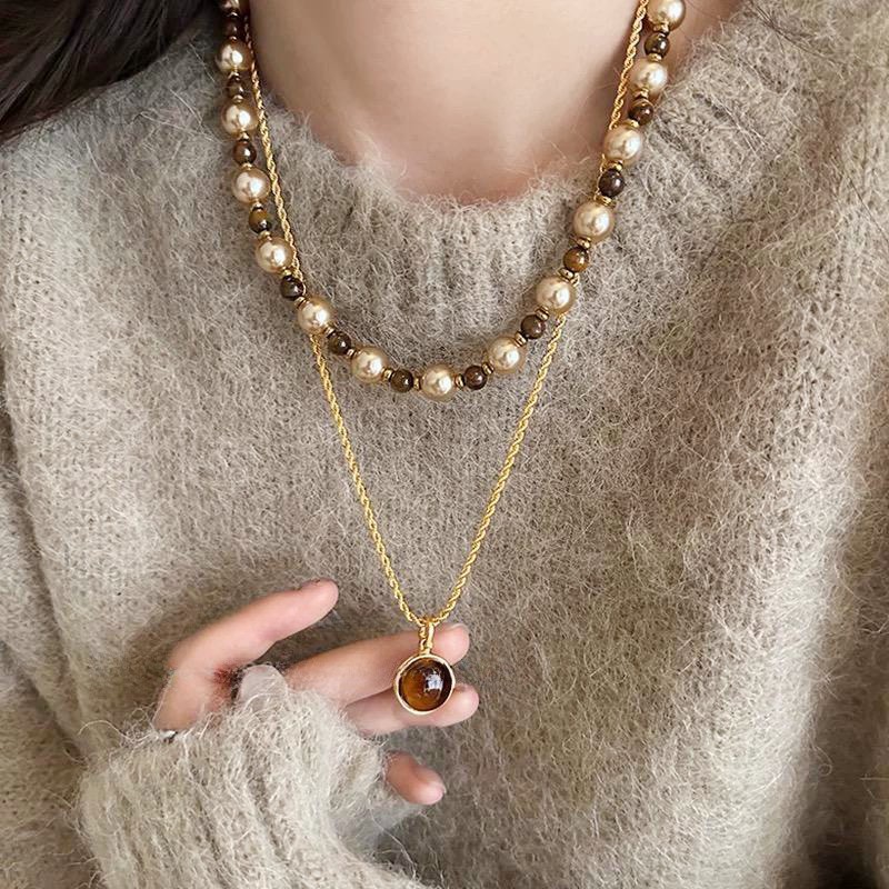 Autumn and Winter Maillard Tiger Eye Moca Gold Brown Pearl Mixed Color Necklace Light Luxury Niche Stacked Wearing Woolen Chain for Women