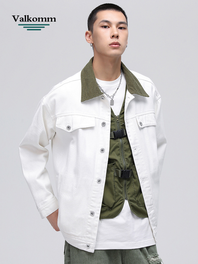 Contrast Color Lapel Denim Jacket for Men, New Spring and Autumn Style, American Style, Cool and Trendy Brand, Versatile White Jacket for Men