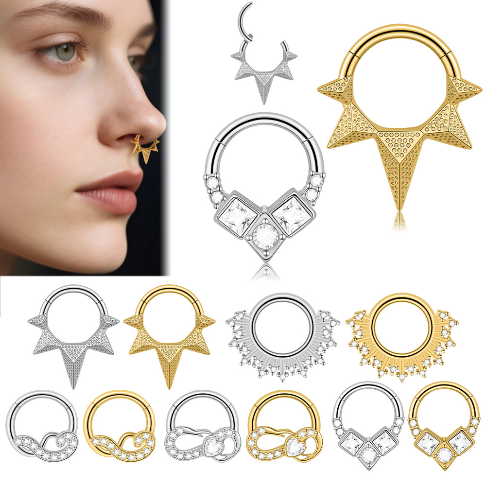 Cross-Border Stainless Steel Electroplated Tapered Split Ring Nose Stud, Fashionable Round White Zircon Closed Nose Ring, Piercing Earring Jewelry
