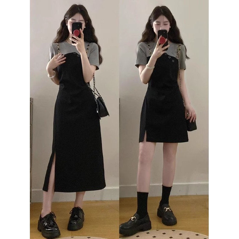 Plus-Size French-Style Faux Two-Piece Short-Sleeve Dress for Women, Summer Fashion Elegant Little Black Dress, Flattering Dress for Curvy Women That Hides the Belly and Makes You Look Slimmer