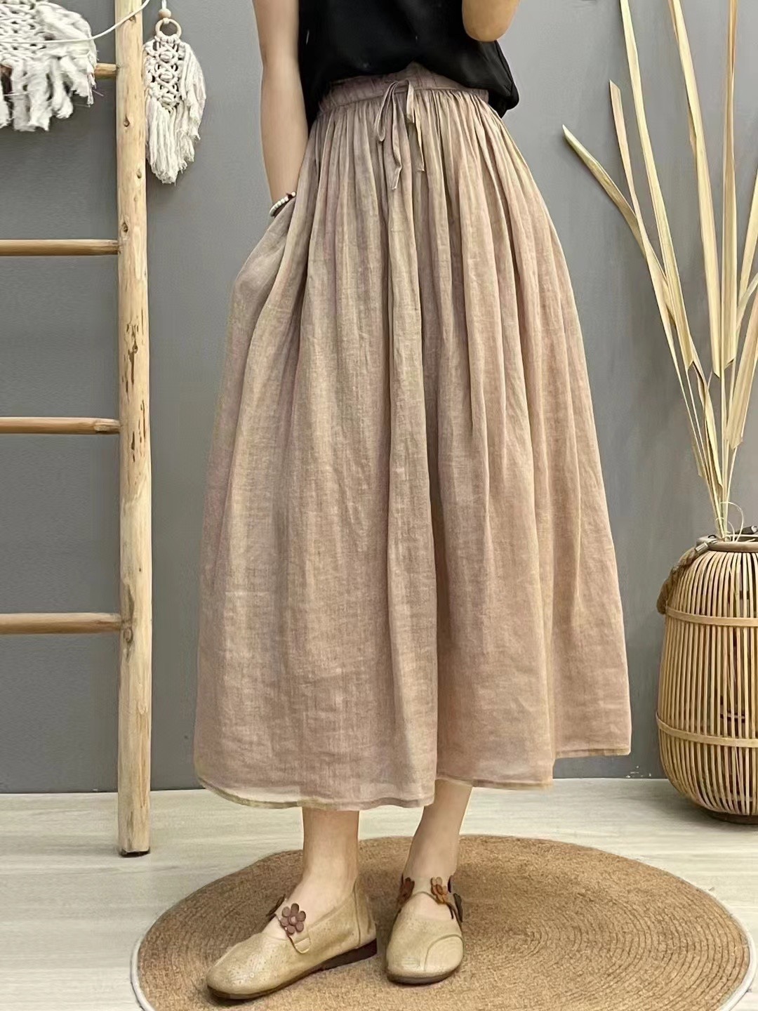 2026 Summer Solid Color Flowing Ramie Skirt with Elastic Waist, Double Layer, Elegant and Versatile Artistic Mid-Length Skirt for Women