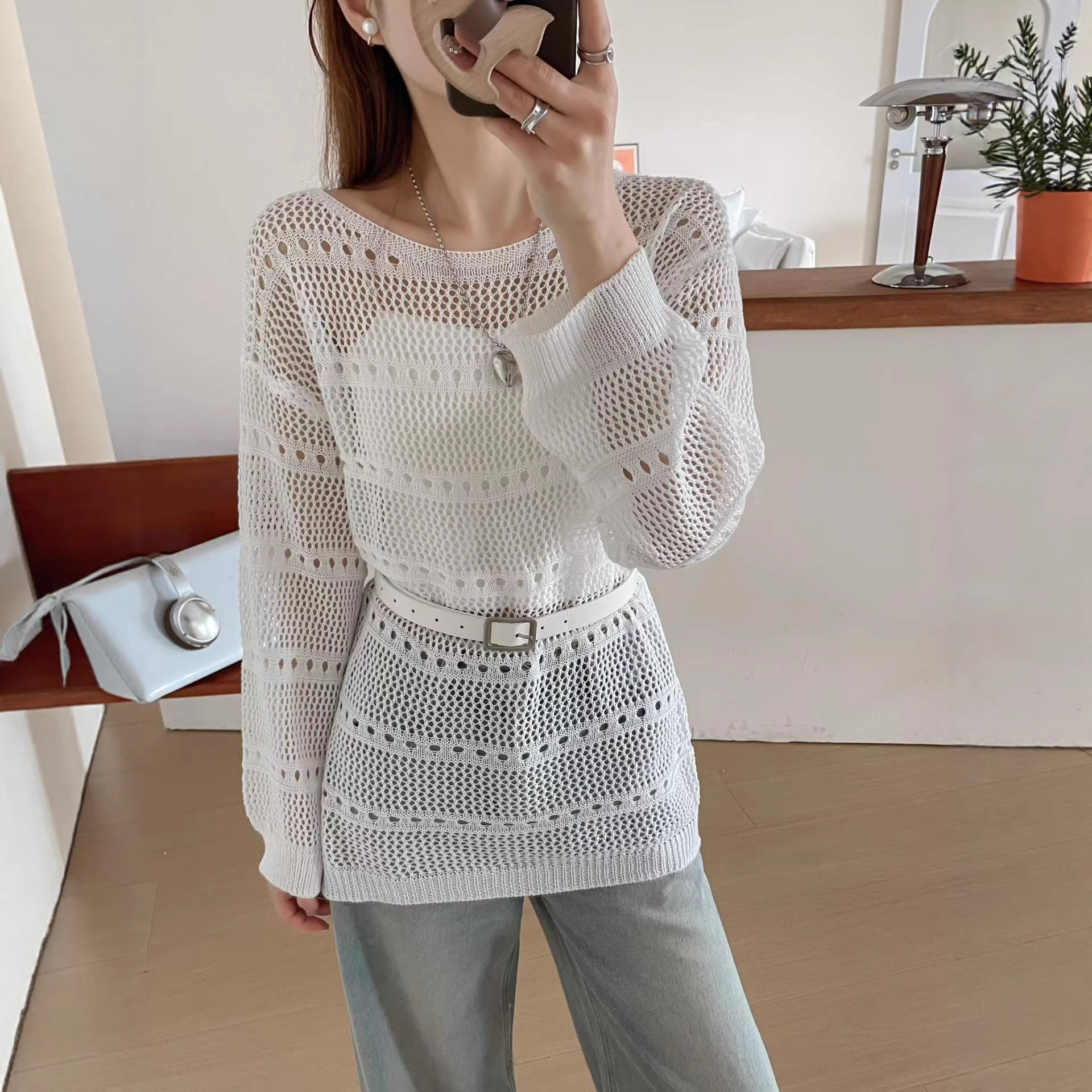 2026 New Fashion Hollow-Out Design Round Neck Long-Sleeve Knit Sweater for Women, Spring and Summer Loose Fit Slimming Stylish Top