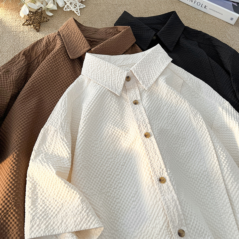 Short-sleeved Shirt Men's Summer Non-ironing Shirt Casual All-match Ice Silk Breathable Pleated Texture Pattern Lapel Shirt for Men