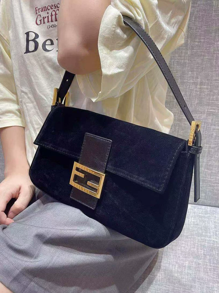 2026 New Vintage Suede Underarm Bag for Women, Elegant Genuine Leather Monogram Vintage Baguette Denim Baguette Bag Foto QC de TAOBAO na Qualit.ly