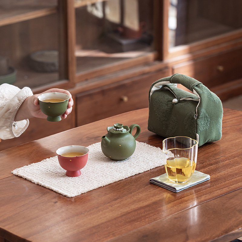 Ceramic Clay Orange-Green Teapot with Gold Speckles, One Pot and Two Cups, Household Ceramic Kung Fu Tea Set with Storage