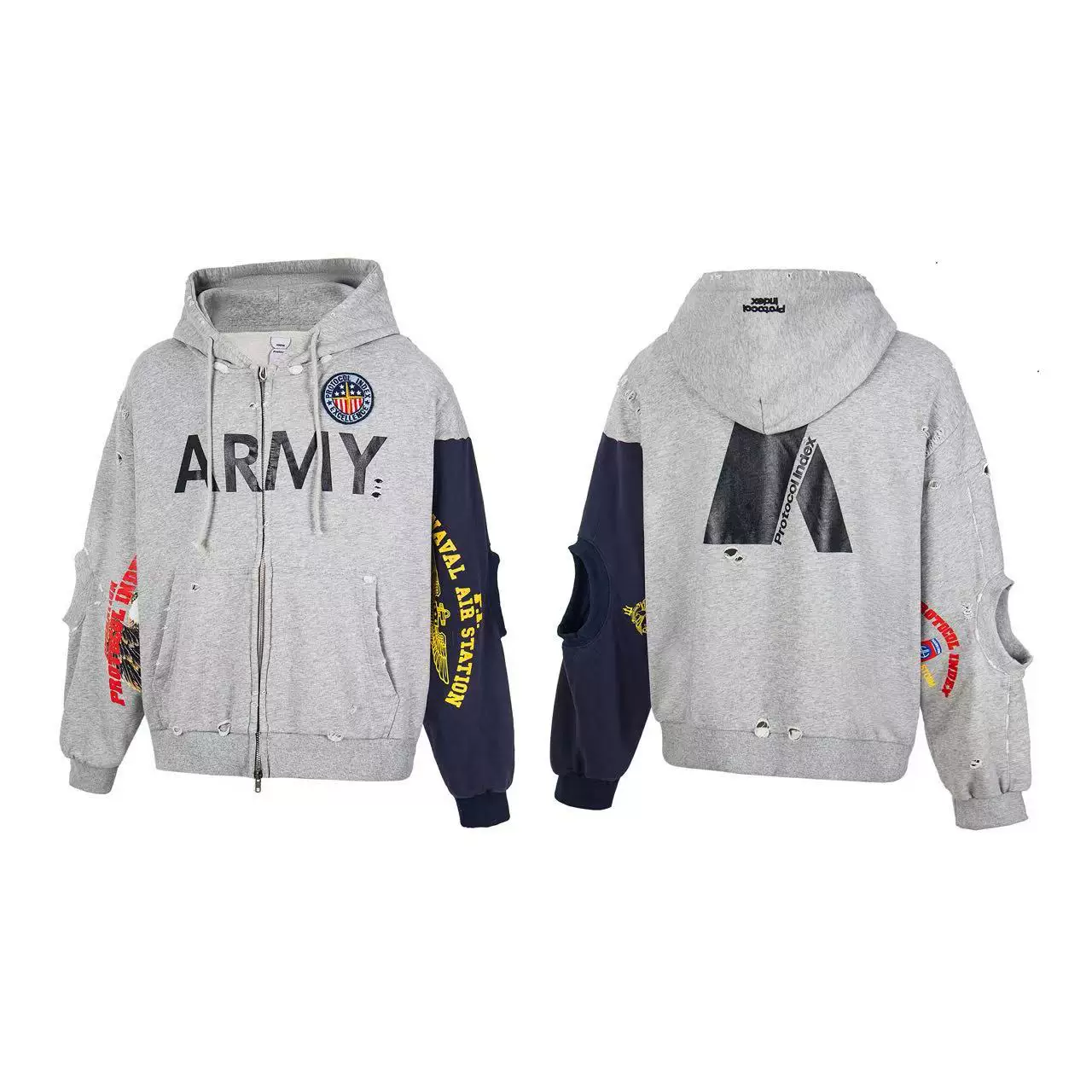 But Protocol Index Multi element Splicing Destruction Old Zipper Hooded Hoodie Jacket Men's and Women's Trendy