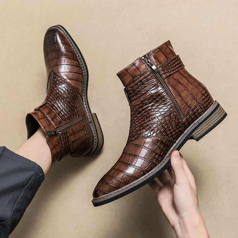 Chelsea Boots for Men, Fleece-Lined Short Boots, High-Top Leather Shoes, Side Zipper Motorcycle Boots, Pointed-Toe Men's Formal Leather Shoes