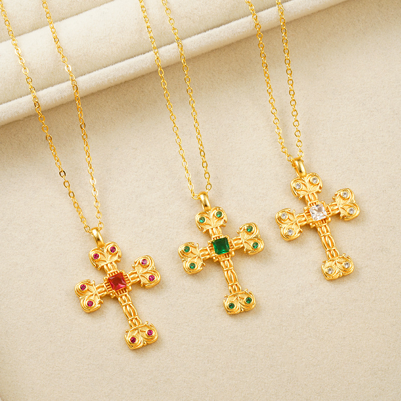 Vietnamese Gold-Plated Necklace Cross-Border Hip-Hop Style Flame Cross Clavicle Chain Imitation Gold Long-Lasting Non-Fading Accessory