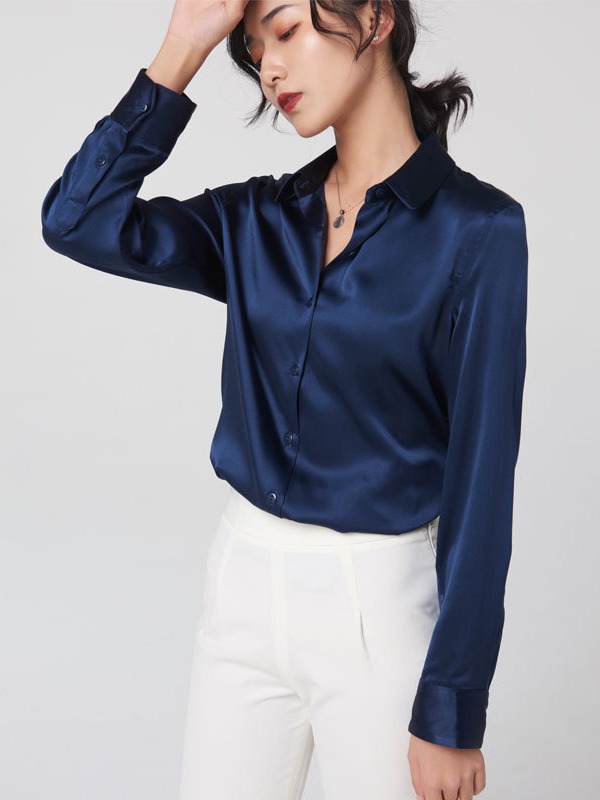 Women's Long-Sleeve Silk Shirt 2026 Spring/Autumn Style Professional Wear Color-Blocking Commuter Shirt Slim Fit Square Collar Top