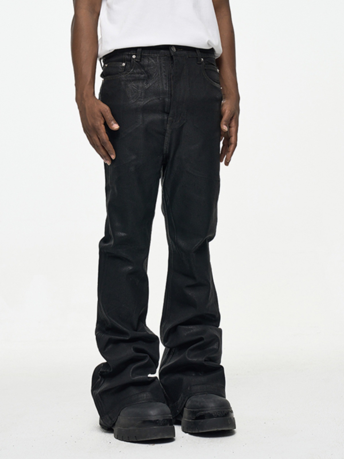 2025 High Street Ro Style Coated Rubber-Coated Flared Floor-Length Jeans for Men, Trendy Brand, Loose Fit, Slightly Stretchy, Waxed Pants