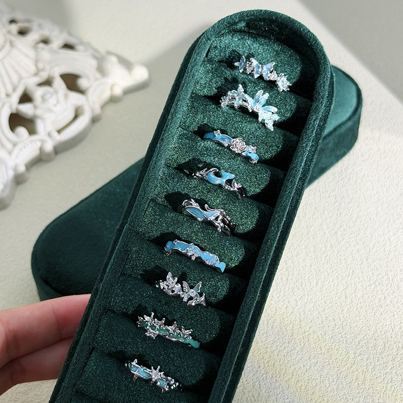 Korean-Style Fairy Tale Dreamy Light Luxury Sea Blue Enamel Butterfly Open Ring Irregular Flower Design Stackable Ring for Students Women