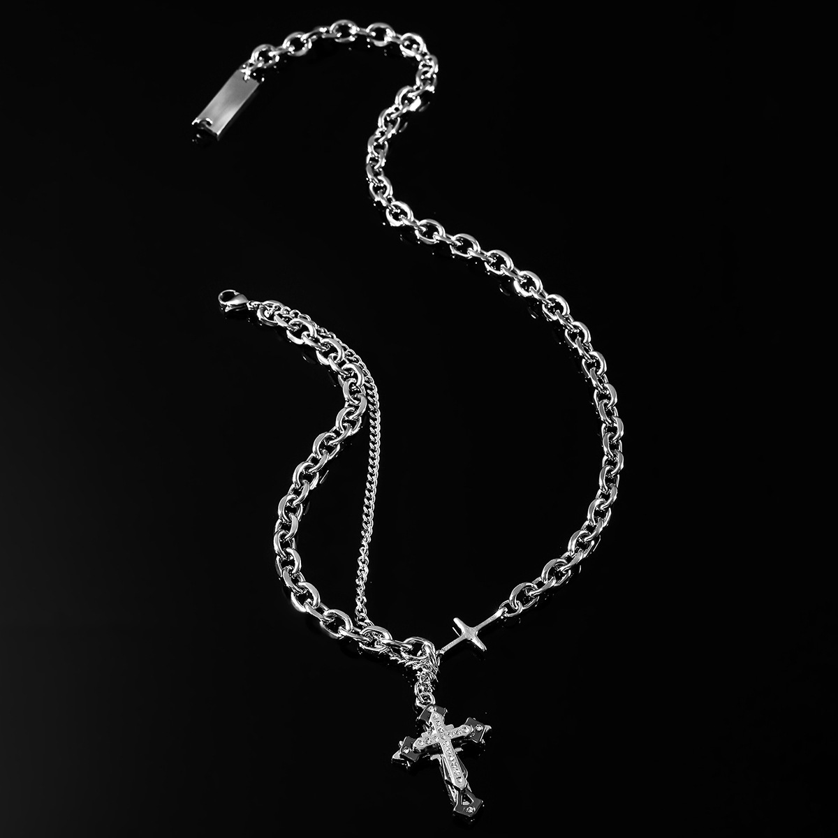 European and American hip-hop titanium steel double-layer stitching cross necklace women's high-end fashionable cool long sweater chain ins accessories