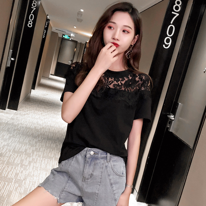 Cross-Border Korean Style Lace Mesh Short-Sleeve T-Shirt Women's Top 2026 Summer New Base Shirt Ins Trend