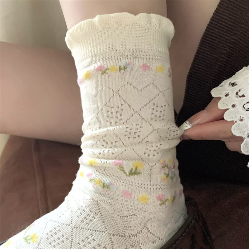 No Floral Prints, No Spring or Summer~ Atmospheric Forest-Style Artistic Socks for Women, Hollow-Out Mesh, Breathable, Gentle Mid-Calf Slouch Socks