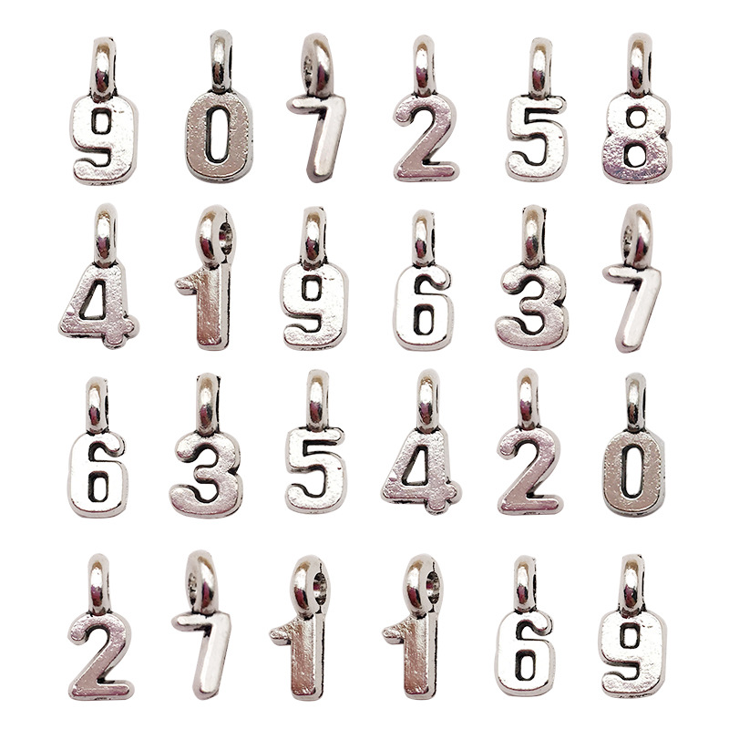 10 Pieces/Set Xizang Silver Small Pendants 0-9 Arabic Numerals Alloy Chain Beaded Pendant DIY Ornament Number Necklace