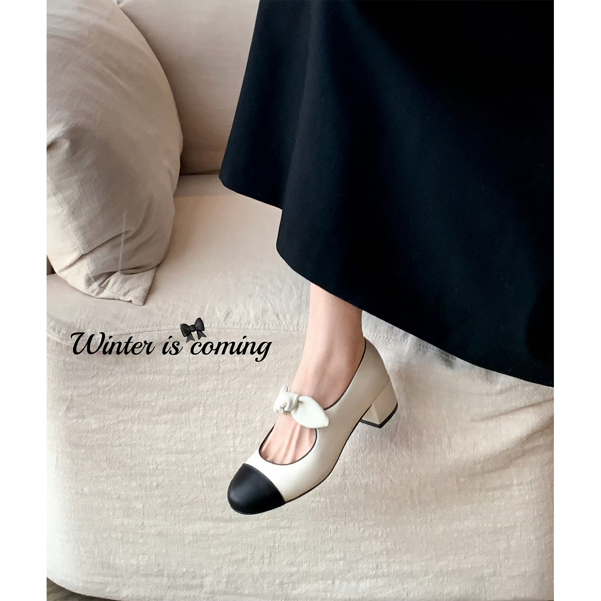 Color-Blocked Chanel-Style High Heels with Bow, 2026 New Spring Ballet Chunky Heel Single Shoes, Women's Shallow Mary Jane Shoes