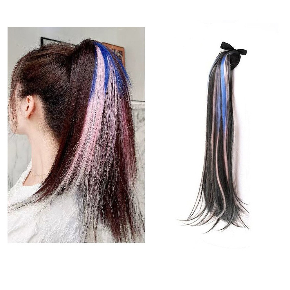 Wig ponytail wig women's long curly hair ponytail highlights colorful gradient strap hip hop fake ponytail double ponytail