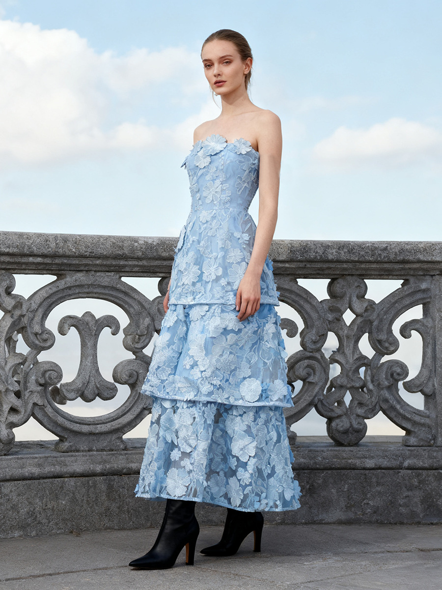 2026 Summer New Sexy Strapless Dress with Elaborate Three-Dimensional Floral Design and Ruffled Long Skirt for Women