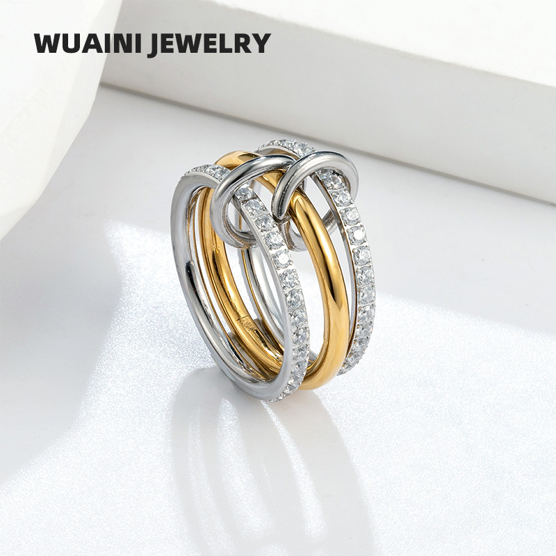 Amazon New Stacked Cubic Zircon Ring Women's 18k Gold Titanium Steel Thick High Gloss Gold and Silver Pin Ring