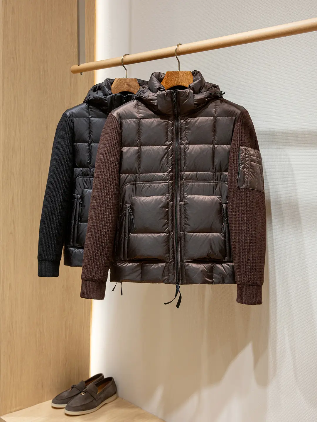 Designer CP version warm white duck down filled winter men's hooded knitted sleeve down jacket