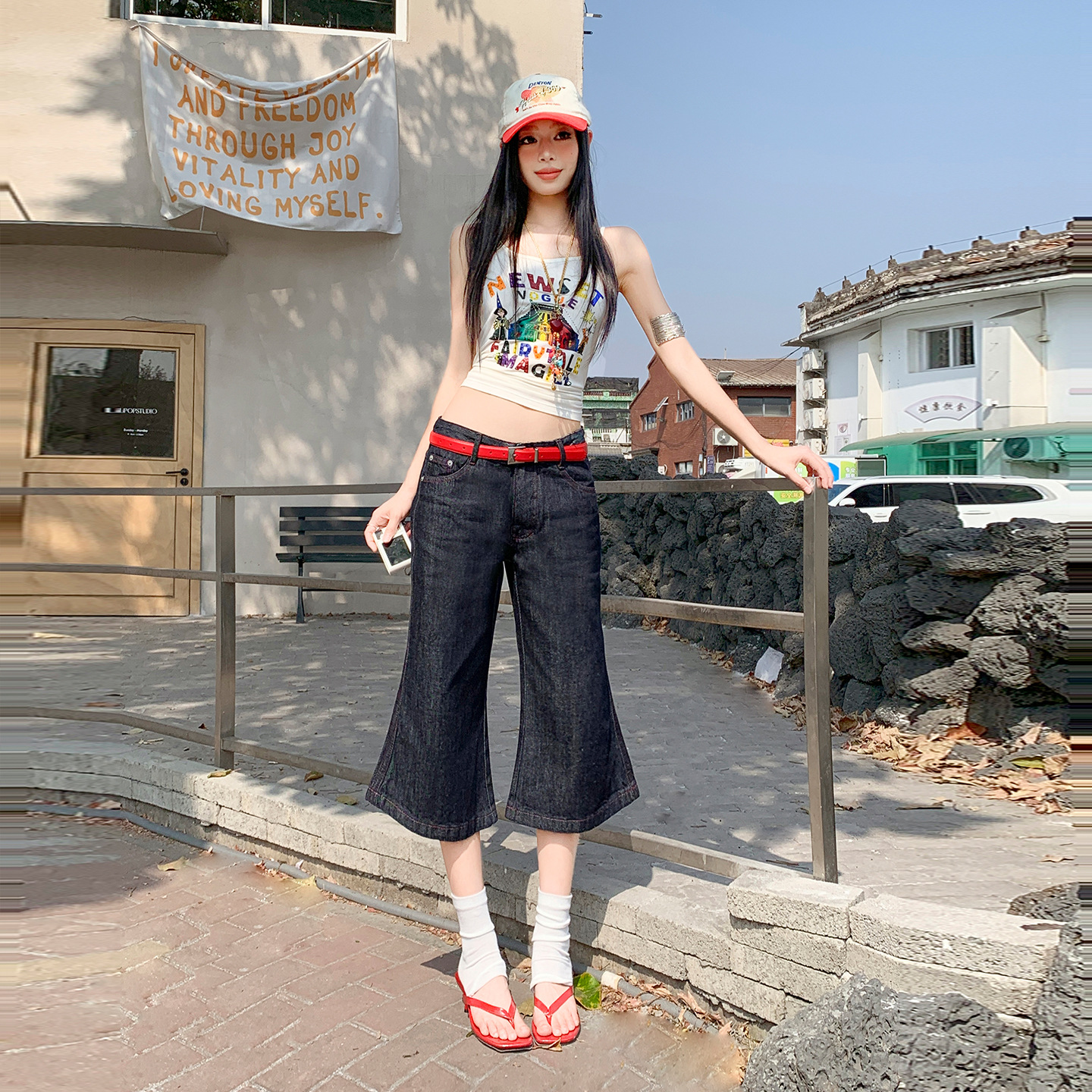 Raw Denim Color Low-Waist Flared Cropped Jeans for Women, 2026 Summer New Style, Loose Fit, Slimming Wide-Leg Mid-Length Pants