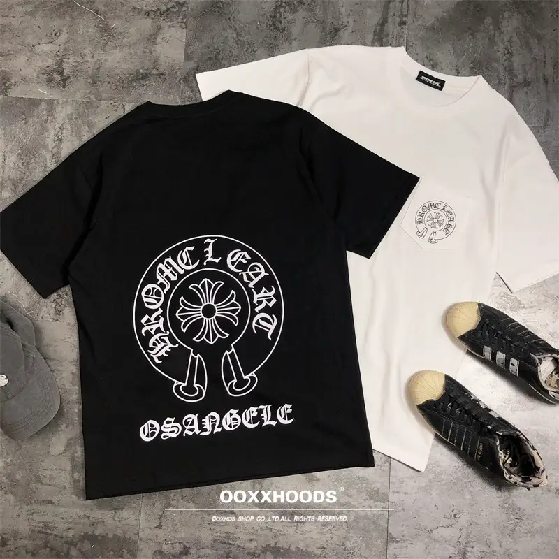 Upgraded 260g pure cotton combed cotton pocket black and white printed horseshoe cross classic logo loose short sleeved T-shirt