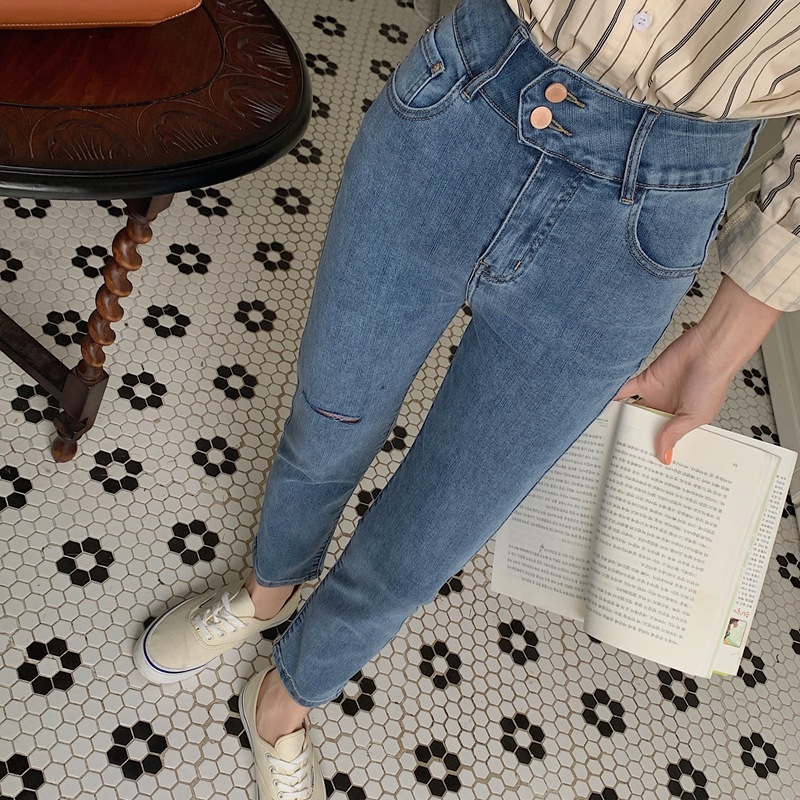2022 Spring Jeans Women's Korean-style Stretch Slim-fit Cut-off High Waist Double-breasted Cropped Jeans