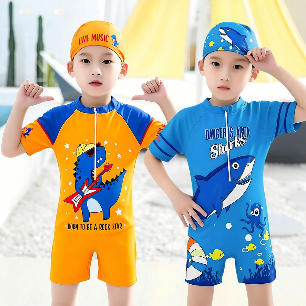 Children's Swimsuit Boys Cartoon Dinosaur Sun Protection Quick-Drying One-Piece Swimsuit for Small and Large Children Boys Quick-Drying Swimsuit with Swimming Cap