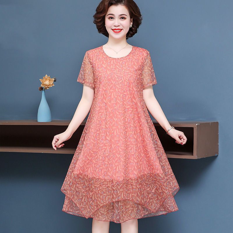 plus size mesh dress female 2025 mother summer fashion fresh short sleeve slimming temperament floral skirt cross-border
