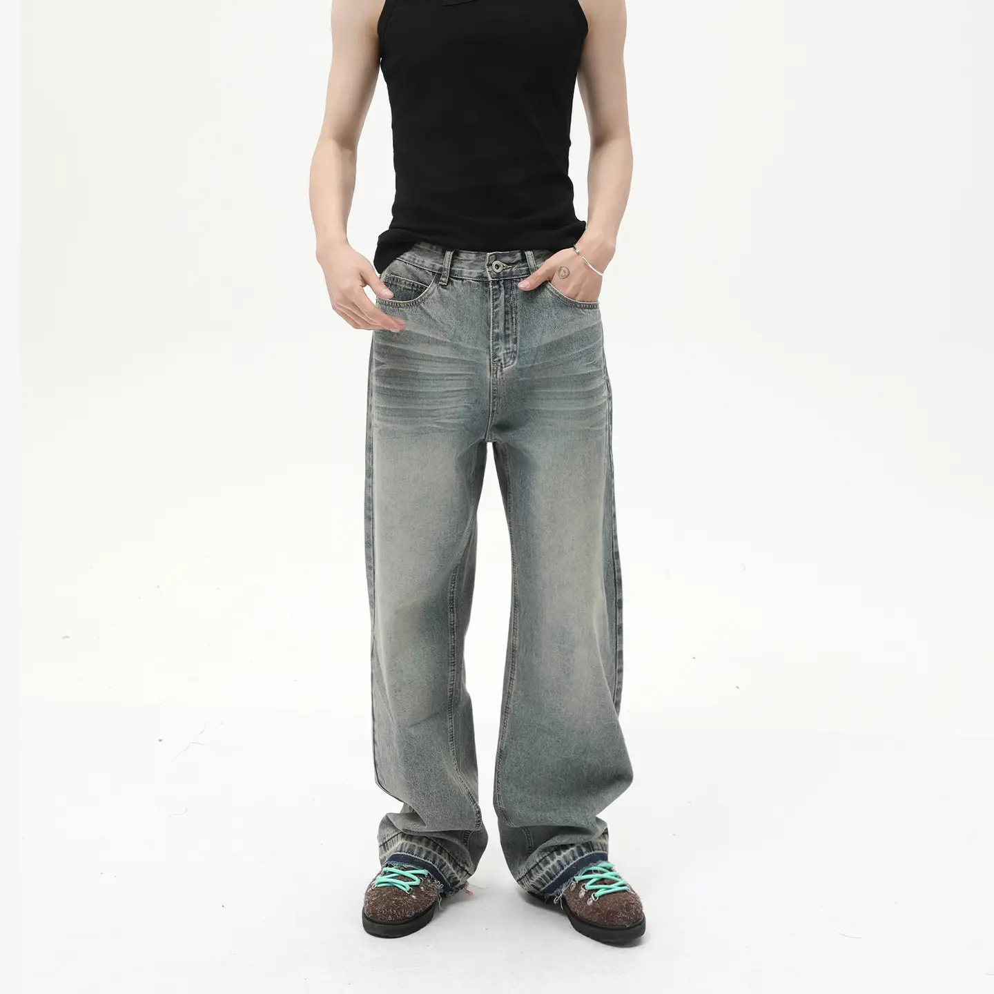 MTLCLOTHES Men's | Retro old design high street hundred casual straight loose jeans tide