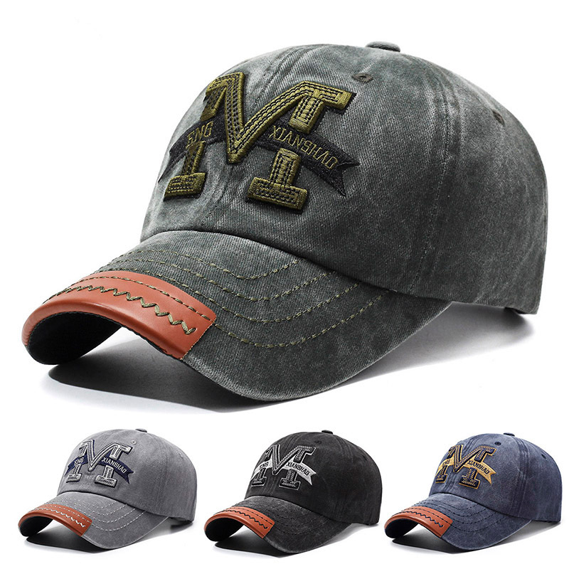 Cross-Border Hat European and American Retro Men's Washed Faded Old Cowboy Hat m Letter Pure Cotton Soft Top Embroidered Baseball Cap