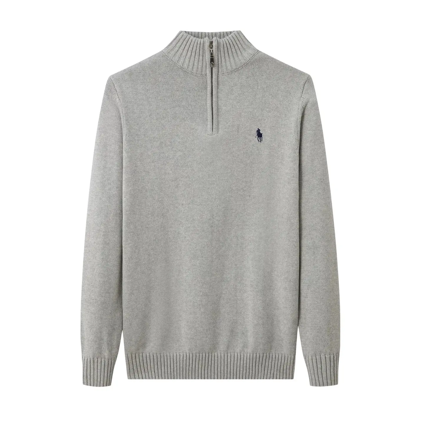 DX19 Men's Pure Cotton Embroidered Knit Sweater with Stand Collar and Zipper