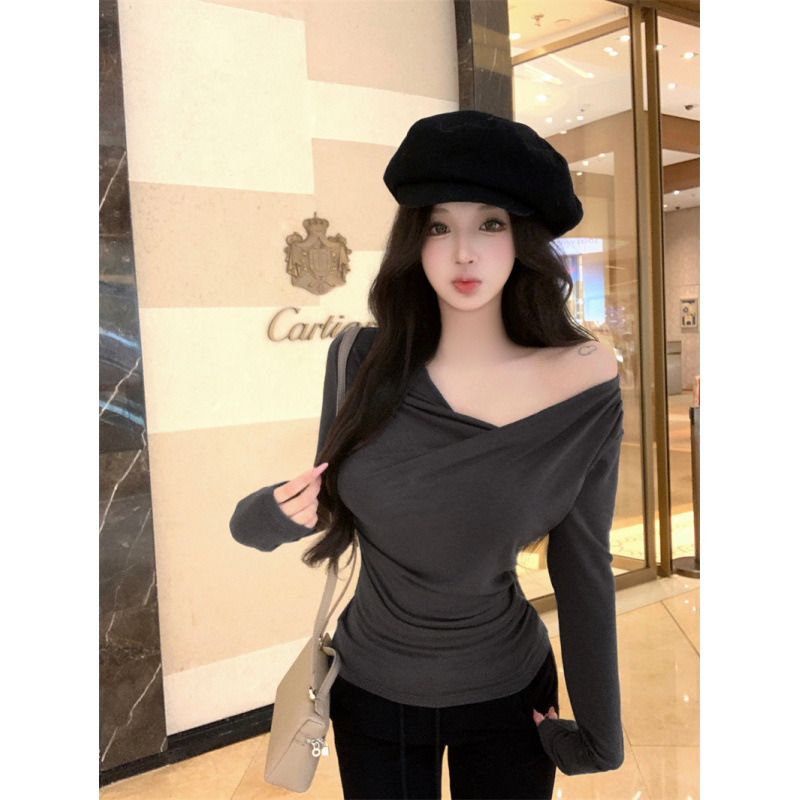 Cross-Border Stylish Fashion T-Shirt Top 2026 Spring New Slim-Fit High-Elastic Pleated Long-Sleeve Base Shirt for Women