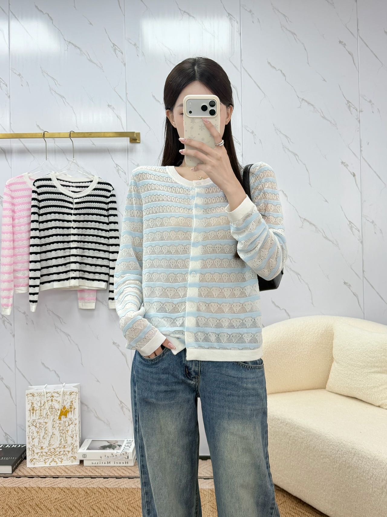 High-End D+26 Summer New Style Bowknot Hollow Striped Long-Sleeve Knit Cardigan Thin Air-Conditioning Shirt Top for Women