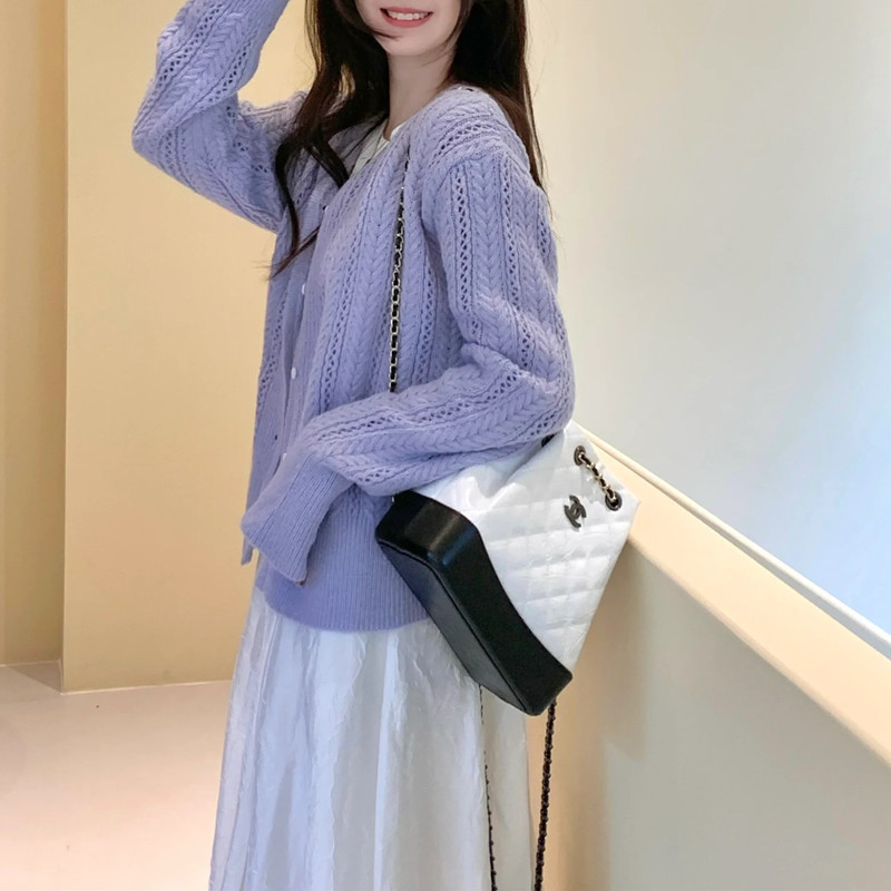 Kaning Korean Style Stylish Cut Out Knitted Cardigan for Women 2026 Autum New Pure Color V Neck Sweater Outerwear for Women