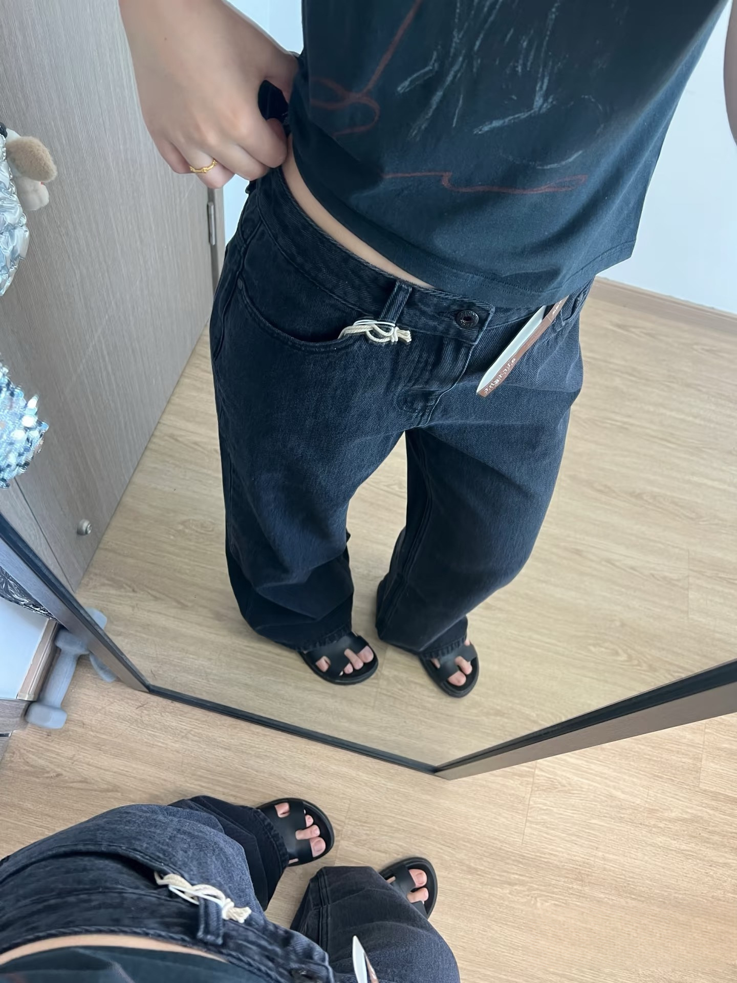 New slim 060H black texture old retro texture classic high waist straight Denim trousers women 5011