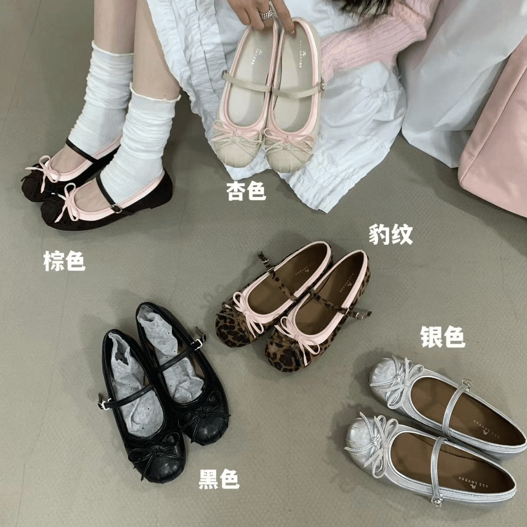 Sweet Round-Toe Pleated Bow-Knot Patchwork Mary Jane Shoes for Women, 2026 Spring New Style, Single-Strap Shallow-Mouthed Flats