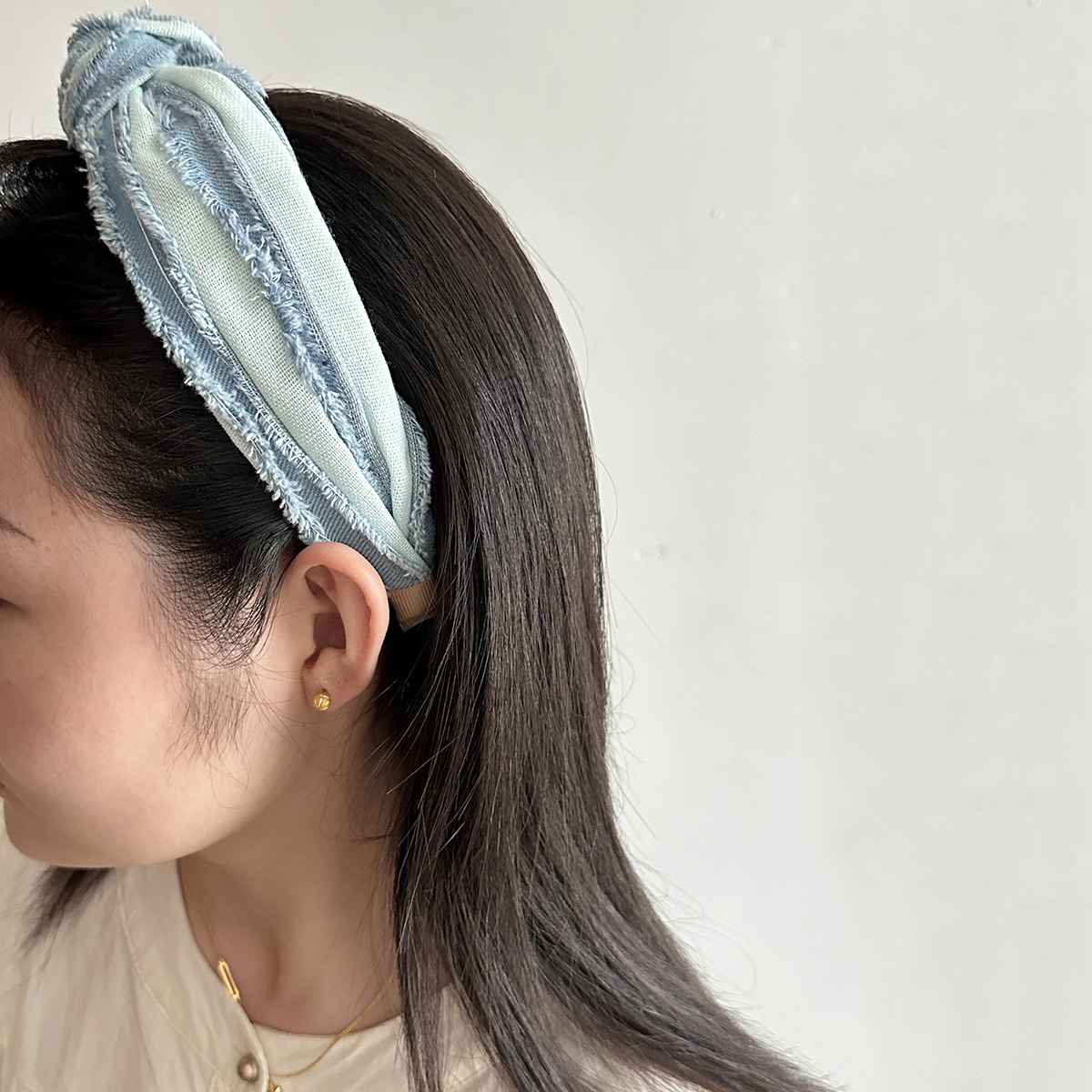 South Korea Dongdaemun Folded Sanding Denim Hair Band Fabric Wide-brimmed Headband Wash Face Hair Cave Hand-knotted Hair Bundled New