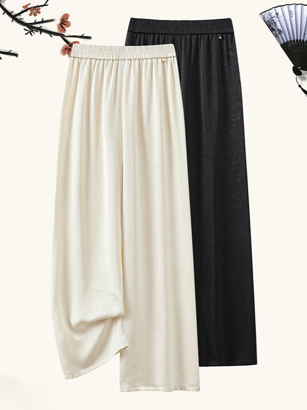 Elastic Waist Chinese Style Silk Satin Pants for Women, Summer New Arrival, Trendy Drapey Acetate Straight Wide-Leg Pants for Middle-Aged and Elderly Women, Thin