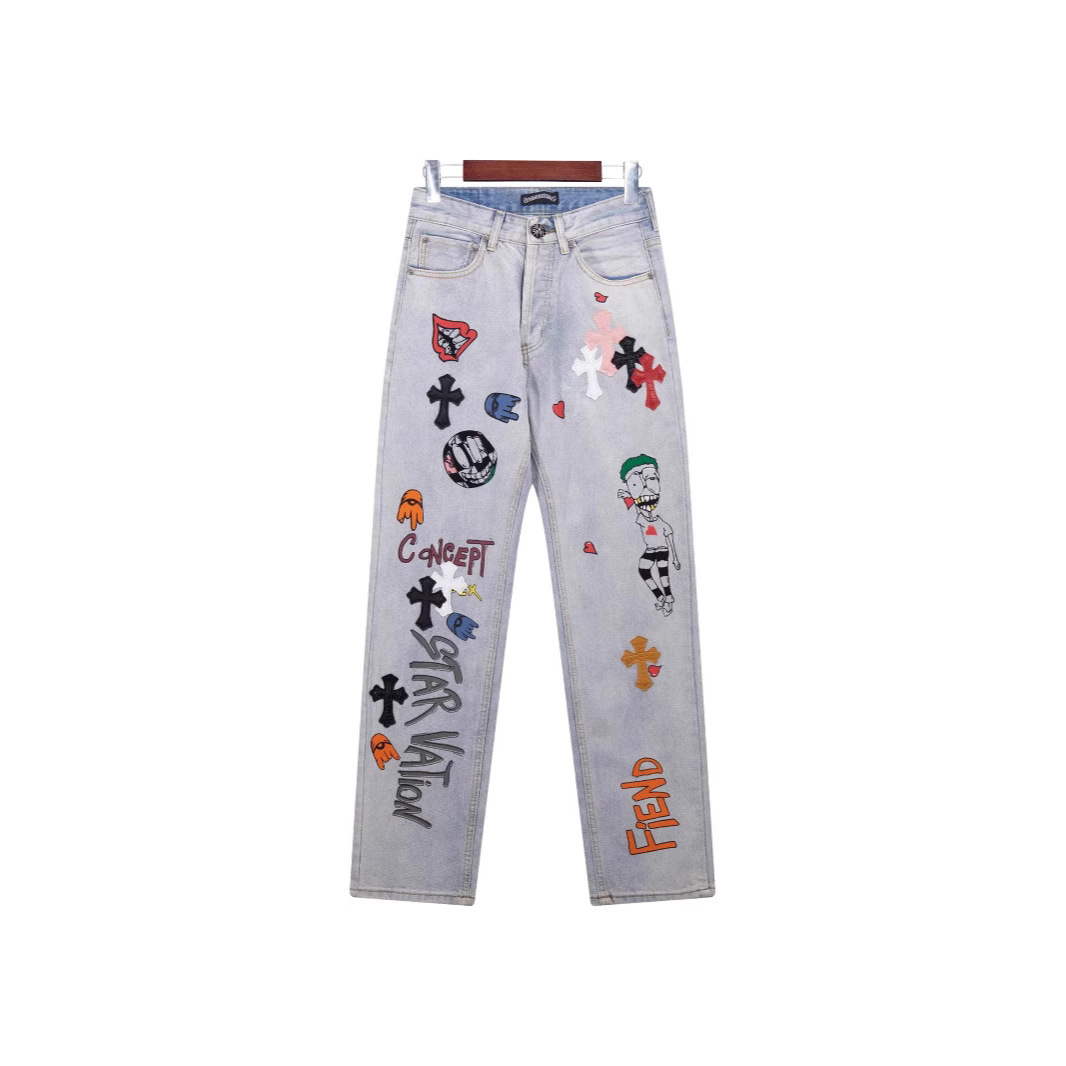 Chrome Hearts025Ss Chrome Hearts Colorful Cross Patch Clown Graffiti Print Denim Pants for Men and Women