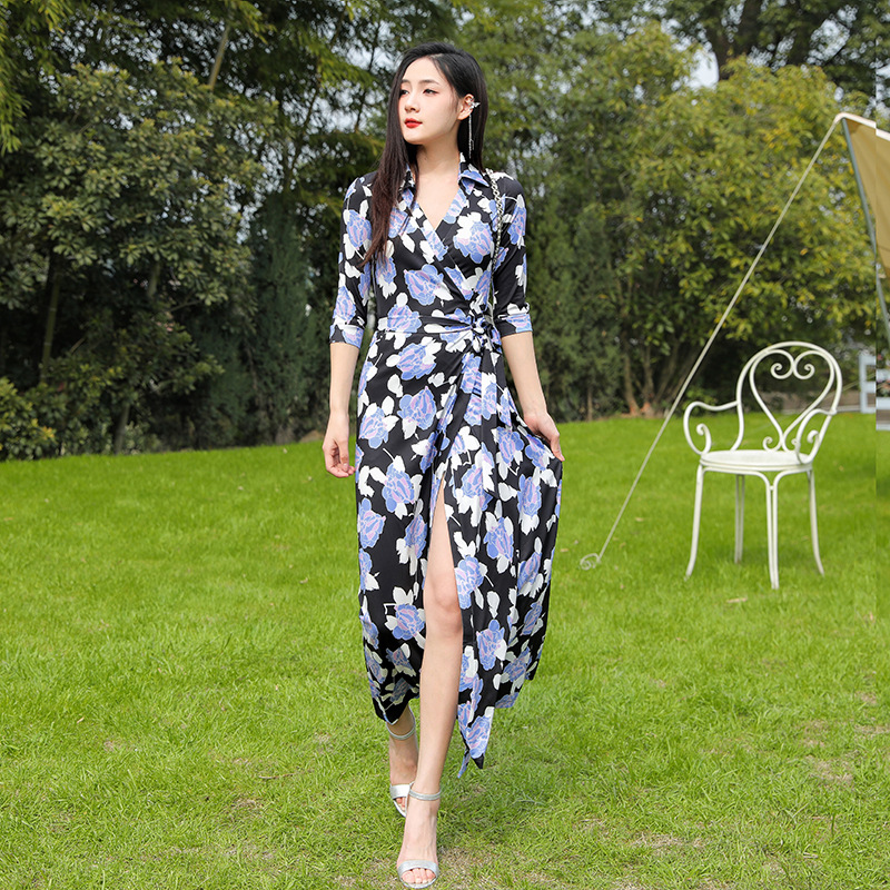 Autumn dress new Sky Blue modern camouflage printed lapel long sleeve tight waist sheath split wrap skirt