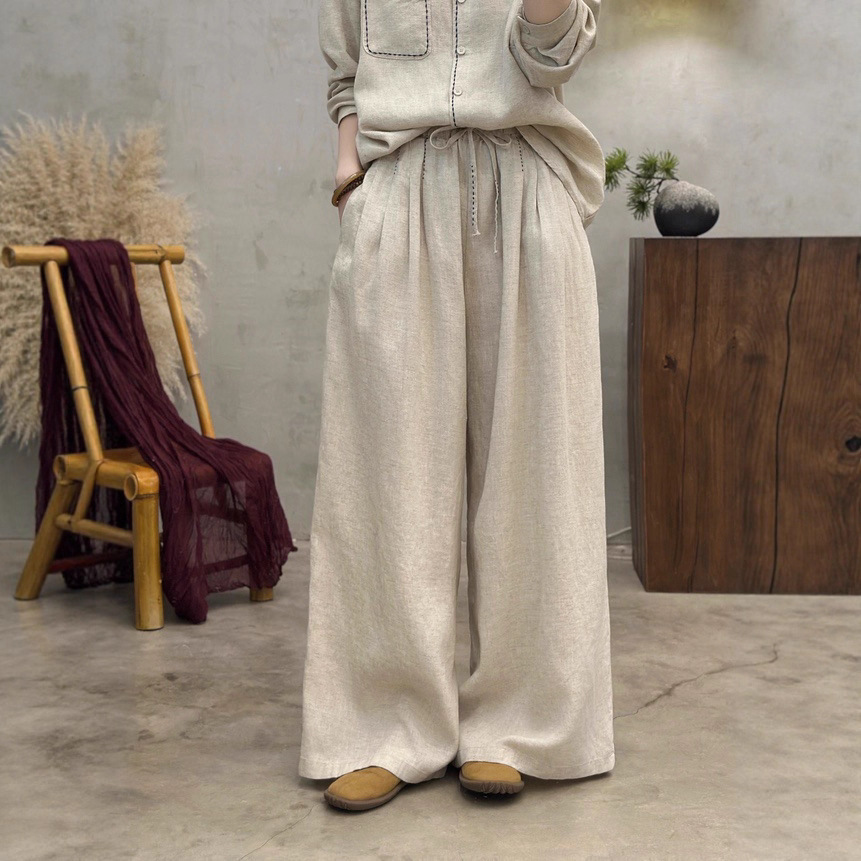 2026 Spring New Embroidered Casual Versatile Minimalist High-End Linen Elastic Waist Tie Wide-Leg Floor-Length Pants for Women