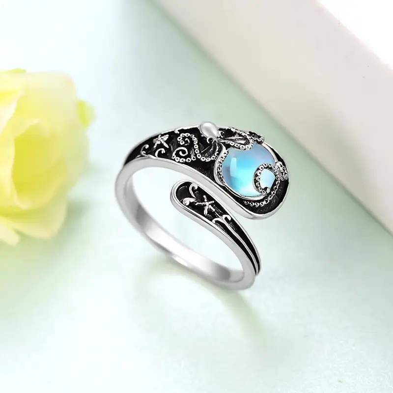 Cross-border Hot New Sale Hawaiian Octopus Moonstone Ring Vintage Thai Silver Printed Opening Adjustable Ring for Women