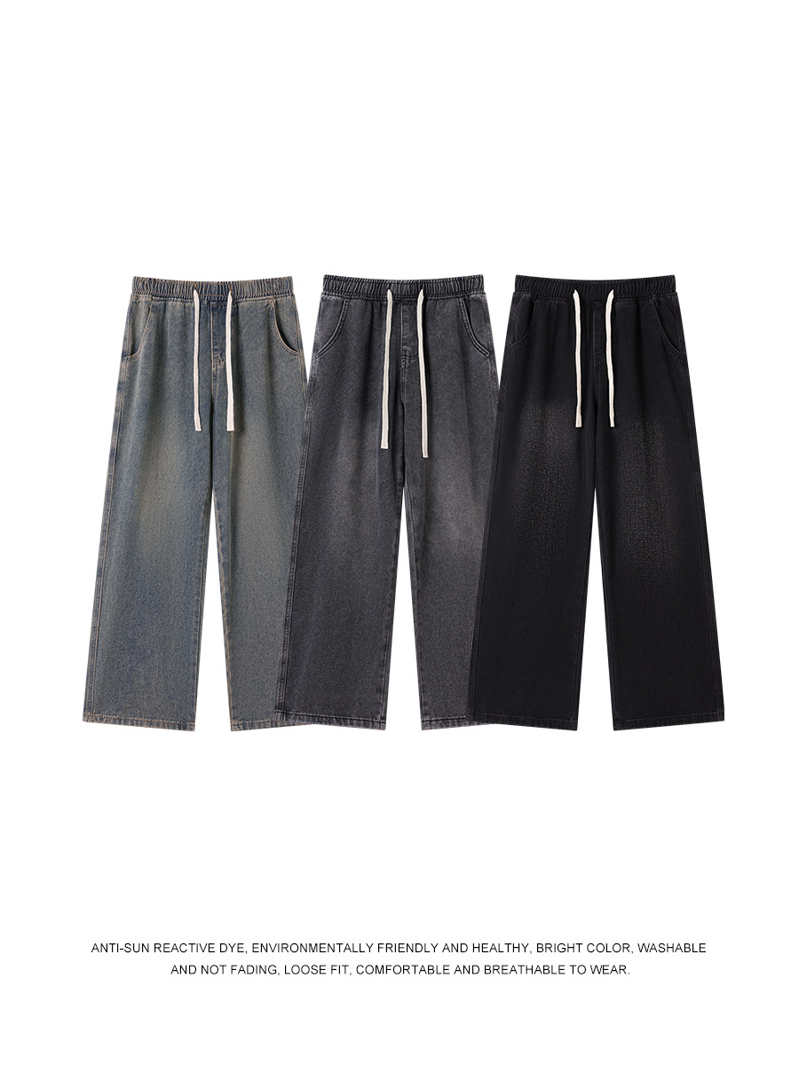 American Retro High Street Men's Drawstring Straight Loose Trendy Wide-Leg Jeans Casual Unisex Long Pants