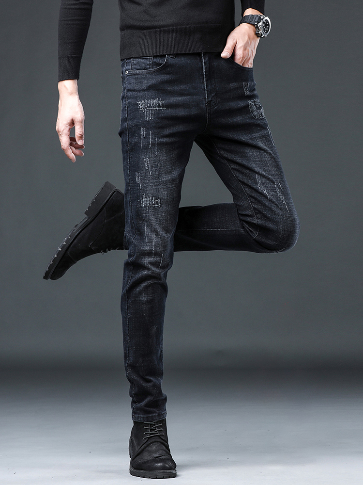 Hong Kong High-End Trendy Brand Black Jeans for Men, Autumn Korean Style Slim Fit Stretch Casual Pants for Winter