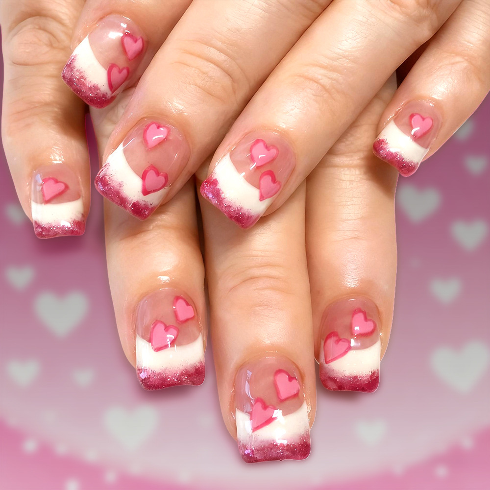 [Valentine's Day] Chinese-Style Glossy Heart-Shaped Pink French Press-On Nails, 24 Pieces, Removable Press-On Manicure
