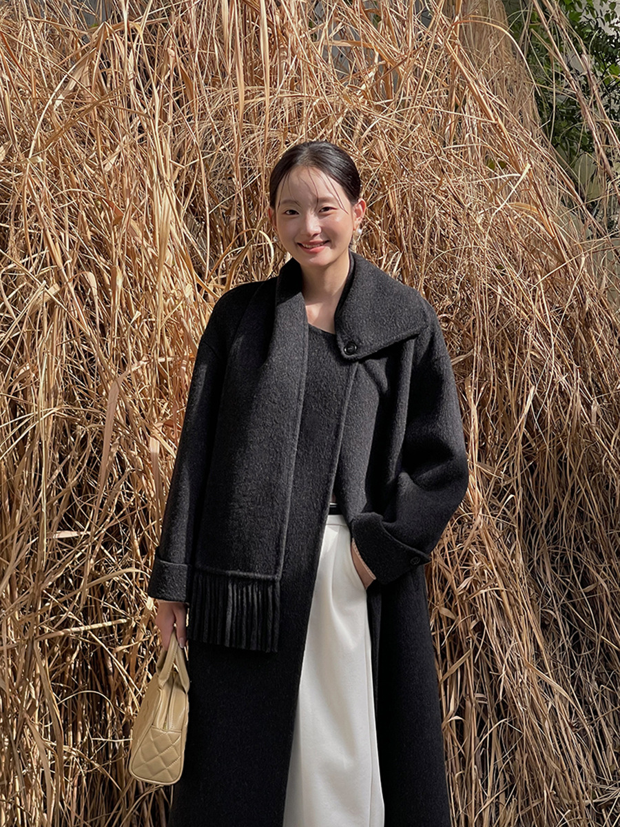 [Ge Ming] Solid Color Double-Sided Cashmere Mid-Length Woolen Coat with Scarf for Women, Winter Wool Coat R427B