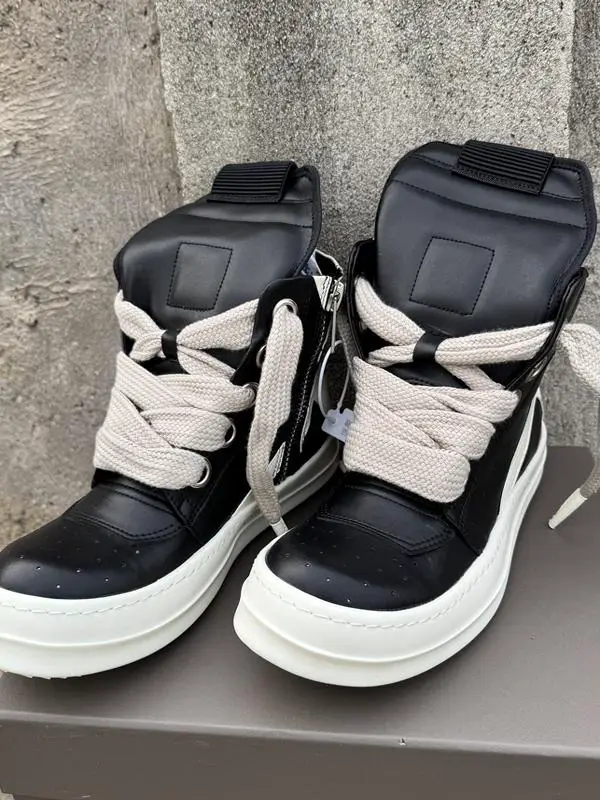 Ro High-Top Shoelace Sneakers for Men with Inverted Triangle Thick Laces, Genuine Leather Sports Casual Shoes, Couple Trendy Brand Thick-Soled Women's Shoes